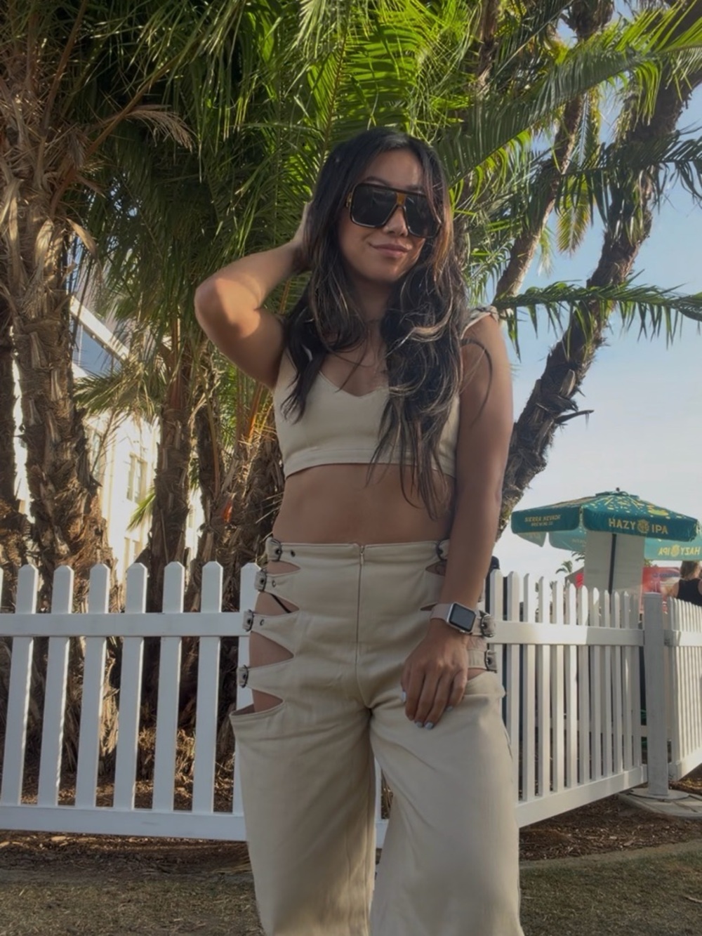 Beige Cutout High-Waist Pants with Crop Top Matching Set